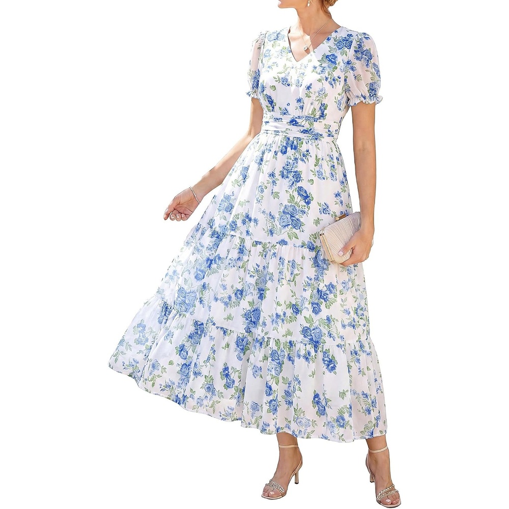 image:imageGRACE KARIN Womens Summer Wedding Guest Maxi Dress 2026 Floral ChiffonSide PocketsShort Sleeve V Neck A Line Elegant Flowy DressesPartySemi FormalBridal ShowerBeachFloral White