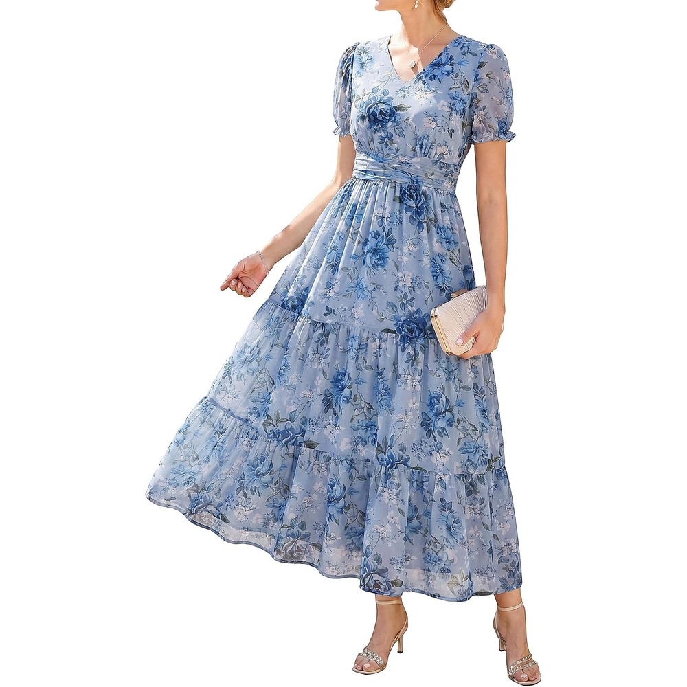 image:imageGRACE KARIN Womens Summer Wedding Guest Maxi Dress  2026 Floral ChiffonSide PocketsShort Sleeve V Neck A Line Elegant Flowy DressesPartySemi FormalBridal ShowerBeachFloral Blue