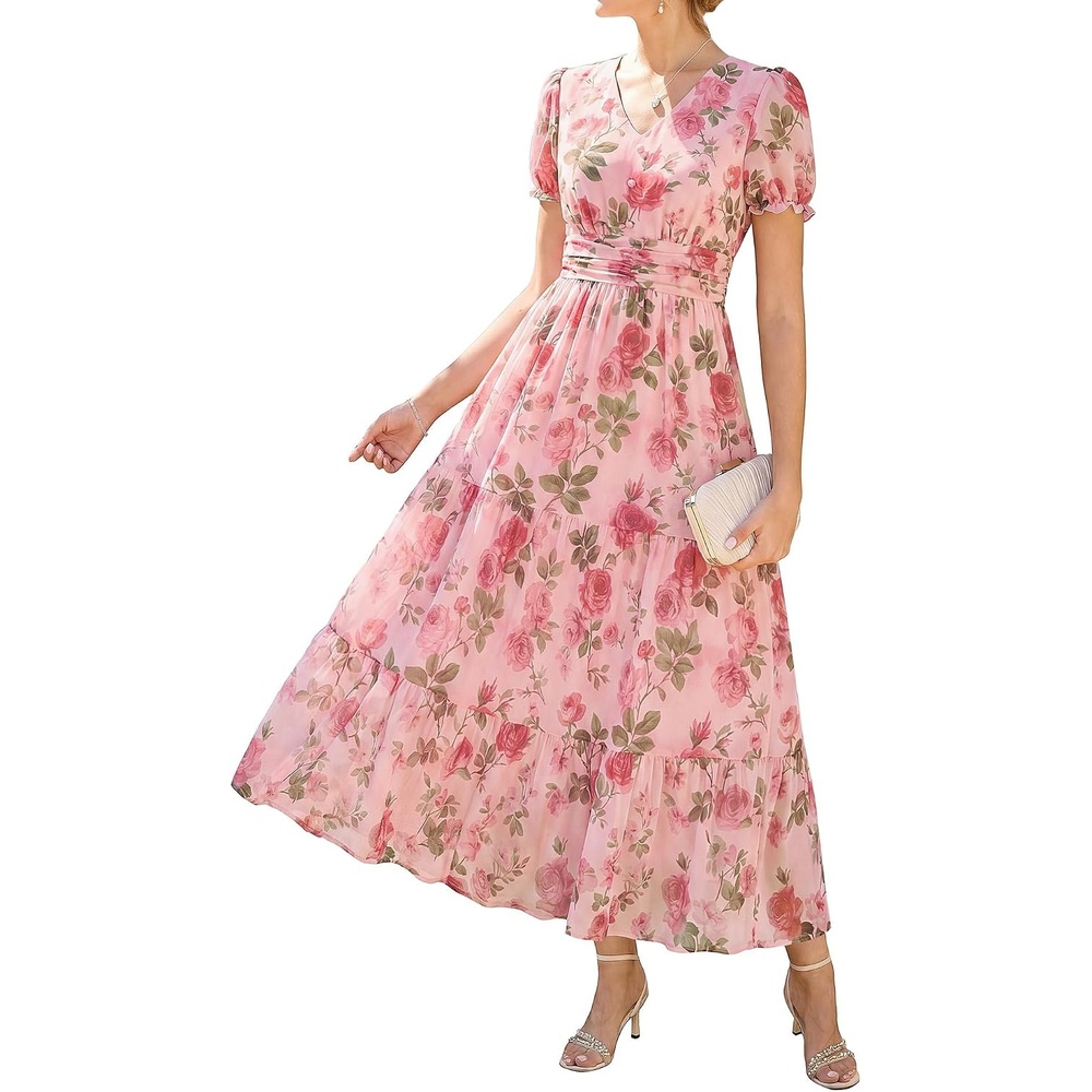 image:imageGRACE KARIN Womens Summer Wedding Guest Maxi Dress  2026 Floral ChiffonSide PocketsShort Sleeve V Neck A Line Elegant Flowy DressesPartySemi FormalBridal ShowerBeachFloral Pink