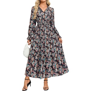 GRACE KARIN Fall Wedding Guest Causal Midi Floral V Neck Dresses | Long Sleeve,A Line,Flowy,Smocked Waist,Ruffle,Tiered,with Pockets,Beach,Vacation,Cocktail,Semi Formal,Corset,Party,Birthday(Green Floral)