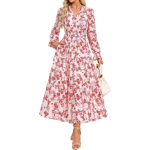 GRACE KARIN Fall Wedding Guest Causal Midi Floral V Neck Dresses | Long Sleeve,A Line,Flowy,Smocked Waist,Ruffle,Tiered,with Pockets,Beach,Vacation,Cocktail,Semi Formal,Corset,Party,Birthday(Light Pink Floral)