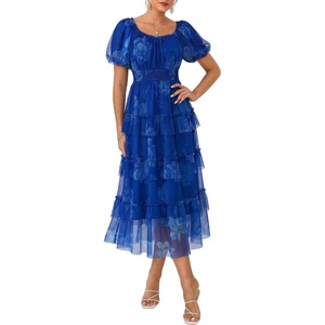 GRACE KARIN Summer Wedding Guest Causal Midi Floral Tulle Dress | Short Puff Sleeve,Square Neck,A Line,Flowy,Smocked Waist,Tiered,Mesh,Light,Beach,Vacation,Cocktail,Semi Formal,Party,Birthday(Blue White)