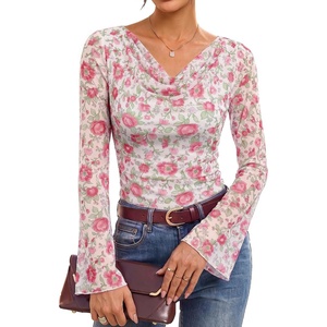 GRACE KARIN Women Boho Mesh Blouses Dressy Casual Cowl Neck Going Out Tops | Bell Long Sleeve Work Shirts, Y2K Floral Ruched Outfits, 2026 Fall Fashion Clothing(Pink Green)