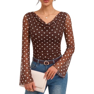 GRACE KARIN Women Boho Mesh Blouses Dressy Casual Cowl Neck Going Out Tops | Bell Long Sleeve Work Shirts, Y2K Floral Ruched Outfits, 2026 Fall Fashion Clothing(Brown Polka Dot)