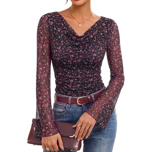 GRACE KARIN Women Boho Mesh Blouses Dressy Casual Cowl Neck Going Out Tops | Bell Long Sleeve Work Shirts, Y2K Floral Ruched Outfits, 2026 Fall Fashion Clothing(Black Floral)