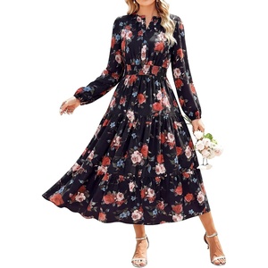 GRACE KARIN Womens Fall Long Sleeve Maxi Dress | 2026, Floral,V Neck, Boho A Line Flowy,Pockets,Fall Outfits for Casual/Wedding Guest/Vacation/Travel/Date(Black and Red Floral)