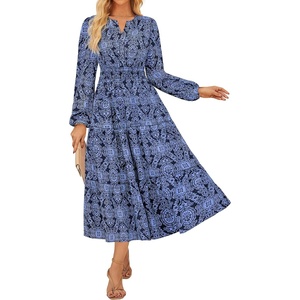 GRACE KARIN Womens Fall Long Sleeve Maxi Dress | 2026, Floral,V Neck, Boho A Line Flowy,Pockets,Fall Outfits for Casual/Wedding Guest/Vacation/Travel/Date(Navy Blue)