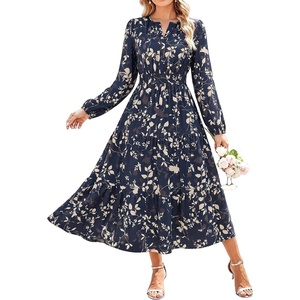 GRACE KARIN Womens Fall Long Sleeve Maxi Dress | 2026, Floral,V Neck, Boho A Line Flowy,Pockets,Fall Outfits for Casual/Wedding Guest/Vacation/Travel/Date(Navy Floral)