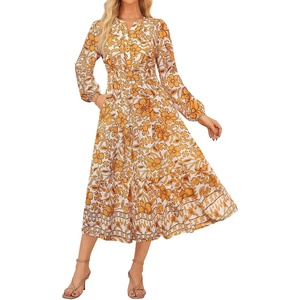 GRACE KARIN Womens Fall Long Sleeve Maxi Dress | 2026, Floral,V Neck, Boho A Line Flowy,Pockets,Fall Outfits for Casual/Wedding Guest/Vacation/Travel/Date(Orange Floral)