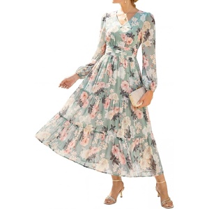 GRACE KARIN Women’s Floral Maxi Dress Long Sleeve Wedding Guest Dresses | V Neck,Fit and Flare,A Line,Pocket,Smocking,Elegance,Suitable for Fall Spring Summer Semiformal Tea Party Casual Outfit(Green With Pink Yellow Flowers)