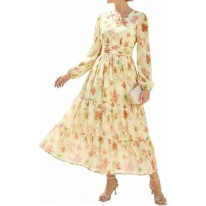 GRACE KARIN Women’s Floral Maxi Dress Long Sleeve Wedding Guest Dresses | V Neck,Fit and Flare,A Line,Pocket,Smocking,Elegance,Suitable for Fall Spring Summer Semiformal Tea Party Casual Outfit(Rice With Orange Flowers)