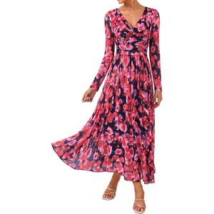 GRACE KARIN Women’s Long Sleeve Floral Maxi Formal Wedding Guest Dress | Fall A Line Mesh Dress,V Neck Twist Front,Ruffle,Flowy,Evening Gowns,Bridal Shower,Garden Party,cocktail,Vacation Clothes(Black Blue Red)