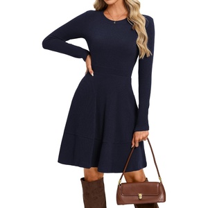 GRACE KARIN Women’s Long Sleeve Ribbed Knit Mini Sweater Dress with Pockets | Stretchy Fit, Cozy Warm, Lightweight, Side Pockets, Tiered hem, Western Style, Boots Pairing(Navy Blue)