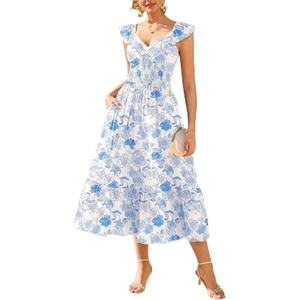 GRACE KARIN Women’s Summer Floral Maxi Wedding Guest Dresses | Flowy a Line Long Dress,Ruffle Sleeve Smocked Sundress with Pocket,Garden Party,Semi Formal,Beach Vacation Outfits(White Blue)