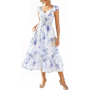 GRACE KARIN Women’s Summer Floral Maxi Wedding Guest Dresses | Flowy a Line Long Dress,Ruffle Sleeve Smocked Sundress with Pocket,Garden Party,Semi Formal,Beach Vacation Outfits(Light Blue)