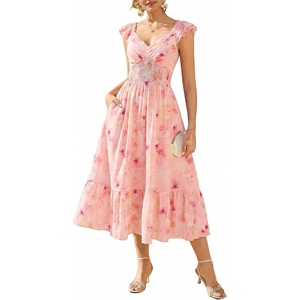 GRACE KARIN Women’s Summer Floral Maxi Wedding Guest Dresses | Flowy a Line Long Dress,Ruffle Sleeve Smocked Sundress with Pocket,Garden Party,Semi Formal,Beach Vacation Outfits(Orange Floral)