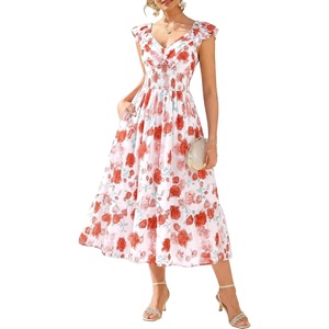 GRACE KARIN Women’s Summer Floral Maxi Wedding Guest Dresses | Flowy a Line Long Dress,Ruffle Sleeve Smocked Sundress with Pocket,Garden Party,Semi Formal,Beach Vacation Outfits(White Red)