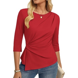 GRACE KARIN Women’s Summer Peplum Tops, Dressy Casual Shirt | 3/4 Sleeve Trendy Work Shirts, 2026 Business Ruched front Blouses, Boat Neck Fashion Clothes(Red)