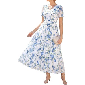 GRACE KARIN Women’s Summer Wedding Guest Maxi Dress | 2026 Floral Chiffon,Side Pockets,Short Sleeve V Neck A Line Elegant Flowy Dresses,Party/Semi Formal/Bridal Shower/Beach(Floral White)