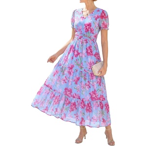 GRACE KARIN Women’s Summer Wedding Guest Maxi Dress | 2026 Floral Chiffon,Side Pockets,Short Sleeve V Neck A Line Elegant Flowy Dresses,Party/Semi Formal/Bridal Shower/Beach(Floral Purple Pink)