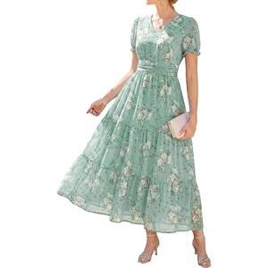 GRACE KARIN Women’s Summer Wedding Guest Maxi Dress | 2026 Floral Chiffon,Side Pockets,Short Sleeve V Neck A Line Elegant Flowy Dresses,Party/Semi Formal/Bridal Shower/Beach(Floral Green)