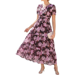 GRACE KARIN Women’s Summer Wedding Guest Maxi Dress | 2026 Floral Chiffon,Side Pockets,Short Sleeve V Neck A Line Elegant Flowy Dresses,Party/Semi Formal/Bridal Shower/Beach(Floral Black Brown)