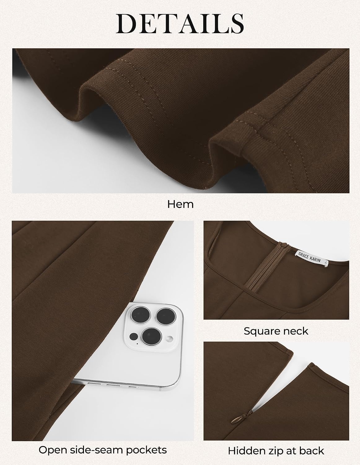 image:imageGRACE KARIN 2026 Womens Cotton Fall Wedding Guest Midi Dresses with Pockets Long SleeveALineSquare NeckFit and FlareModestElegant ClassyCocktailSemi FormalPartyChurchFashion ClothesDark Brown