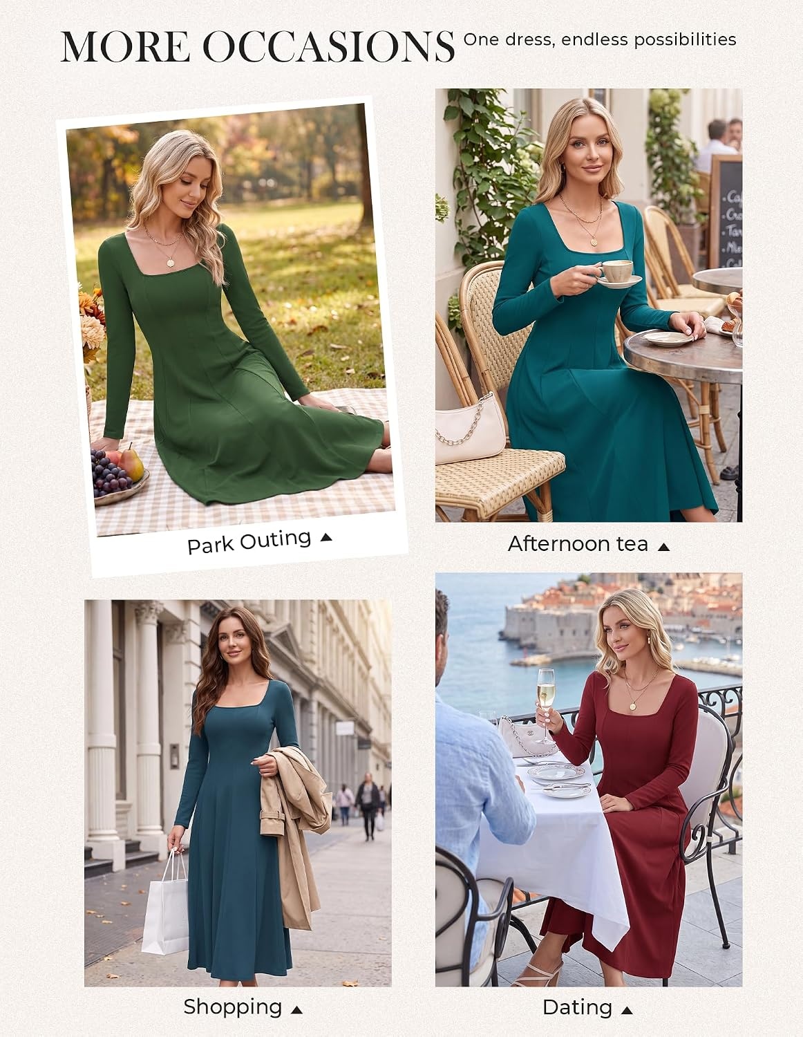 image:imageGRACE KARIN 2026 Womens Cotton Fall Wedding Guest Midi Dresses with Pockets Long SleeveALineSquare NeckFit and FlareModestElegant ClassyCocktailSemi FormalPartyChurchFashion ClothesWine