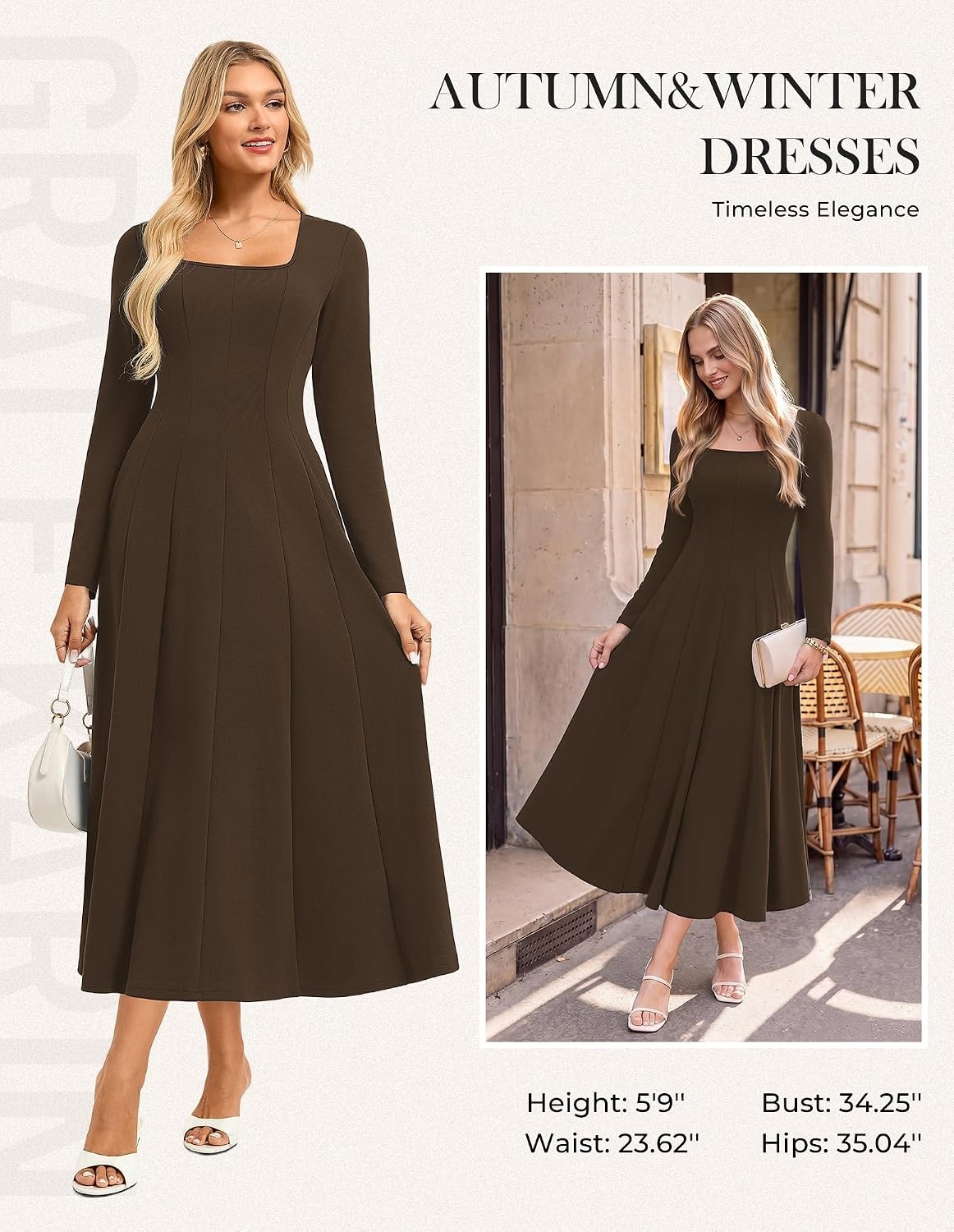 image:imageGRACE KARIN 2026 Womens Cotton Fall Wedding Guest Midi Dresses with Pockets Long SleeveALineSquare NeckFit and FlareModestElegant ClassyCocktailSemi FormalPartyChurchFashion ClothesDark Brown
