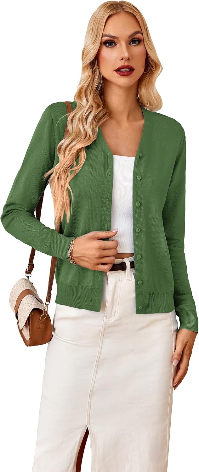 image:imageGRACE KARIN Cardigan Sweater for Women V Neck Lightweight Knit Fall Outfits Button Up Sweaters Long Sleeve Basic Soft Clothes Business Casual Fashion Tops for Work DailyMedium Green