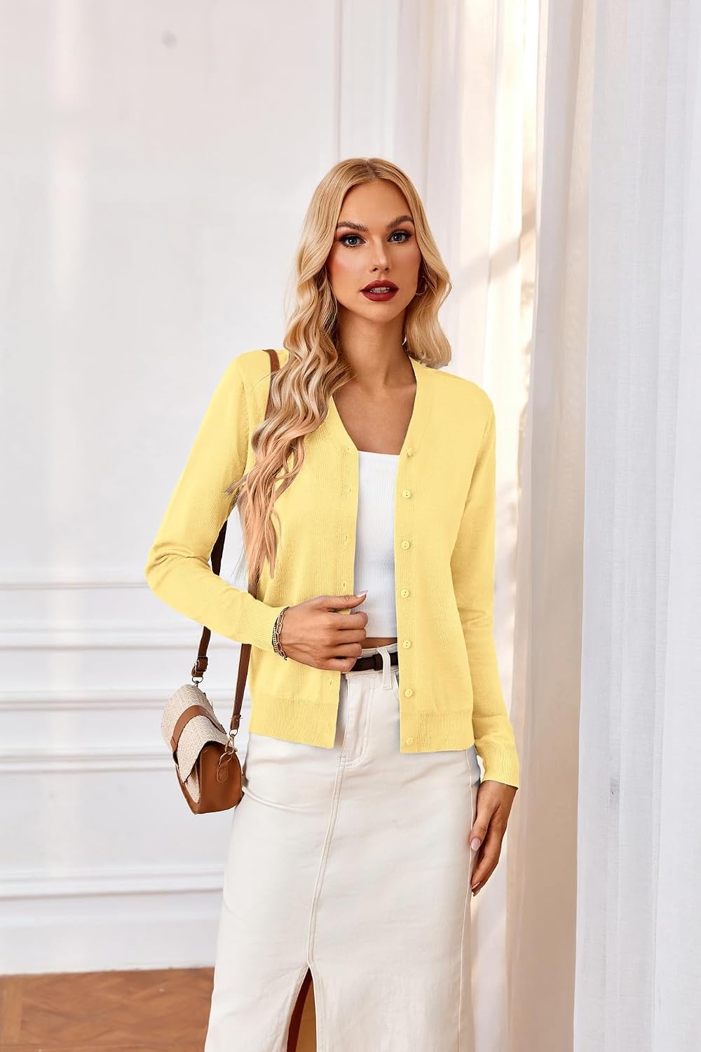 image:imageGRACE KARIN Cardigan Sweater for Women V Neck Lightweight Knit Fall Outfits Button Up Sweaters Long Sleeve Basic Soft Clothes Business Casual Fashion Tops for Work DailyLight Yellow
