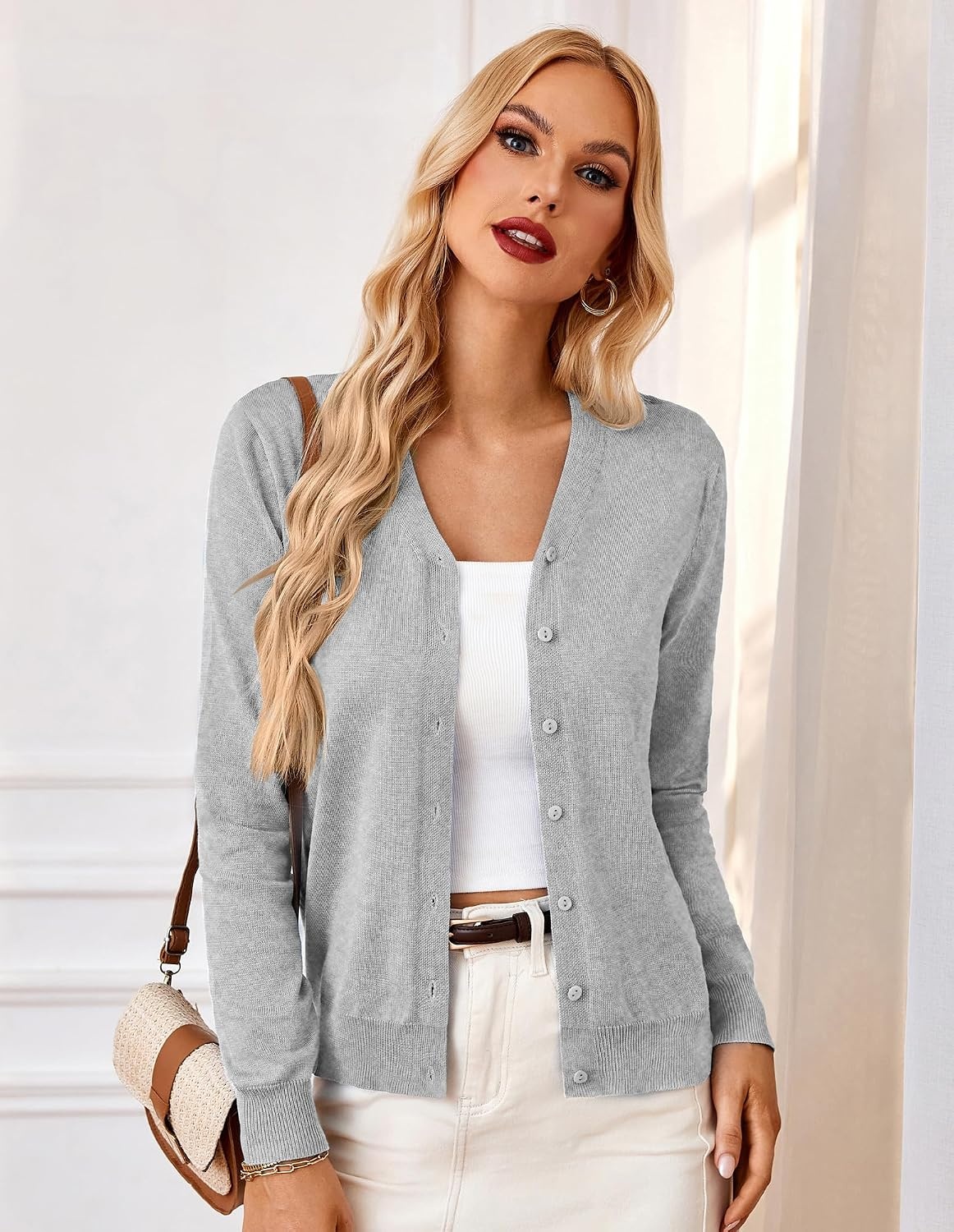 image:imageGRACE KARIN Cardigan Sweater for Women V Neck Lightweight Knit Fall Outfits Button Up Sweaters Long Sleeve Basic Soft Clothes Business Casual Fashion Tops for Work DailyLight Grey