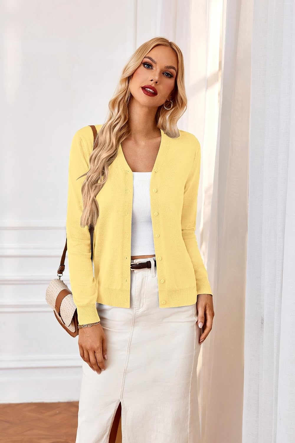 image:imageGRACE KARIN Cardigan Sweater for Women V Neck Lightweight Knit Fall Outfits Button Up Sweaters Long Sleeve Basic Soft Clothes Business Casual Fashion Tops for Work DailyLight Yellow