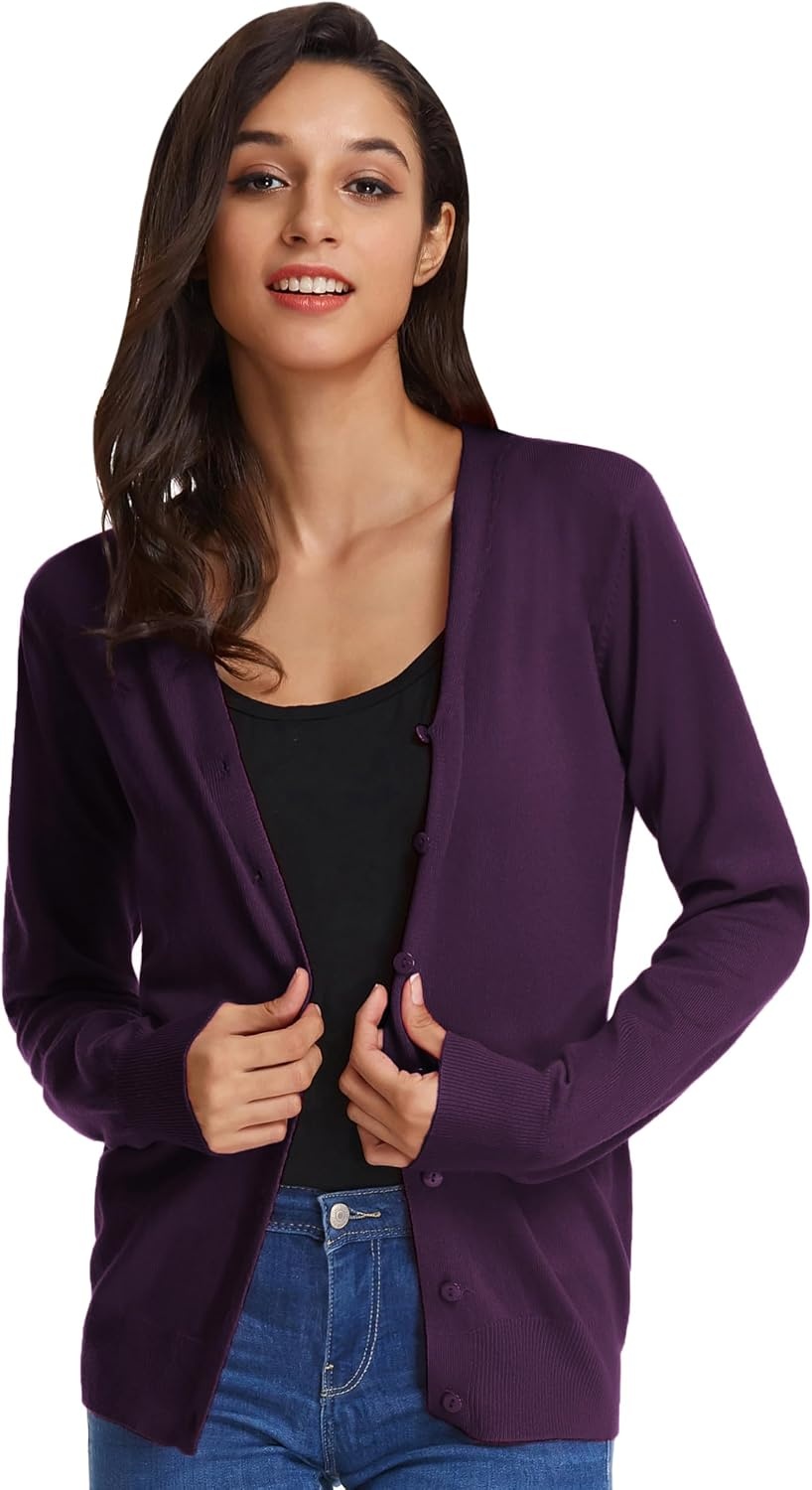 image:imageGRACE KARIN Cardigan Sweater for Women V Neck Lightweight Knit Fall Outfits Button Up Sweaters Long Sleeve Basic Soft Clothes Business Casual Fashion Tops for Work DailyDark Purple