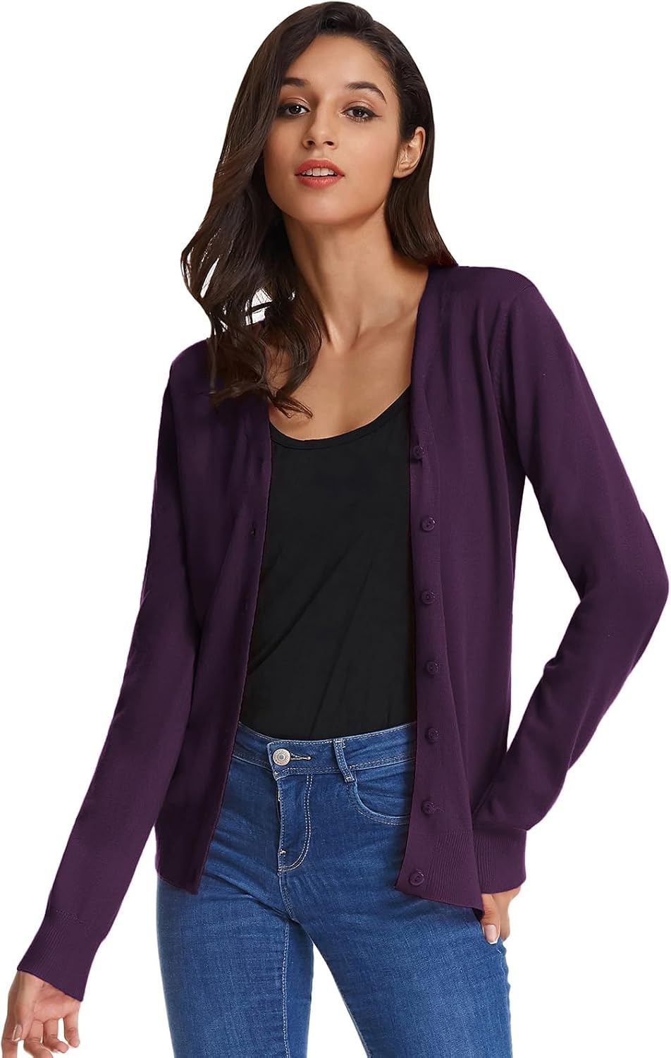 image:imageGRACE KARIN Cardigan Sweater for Women V Neck Lightweight Knit Fall Outfits Button Up Sweaters Long Sleeve Basic Soft Clothes Business Casual Fashion Tops for Work DailyDark Purple