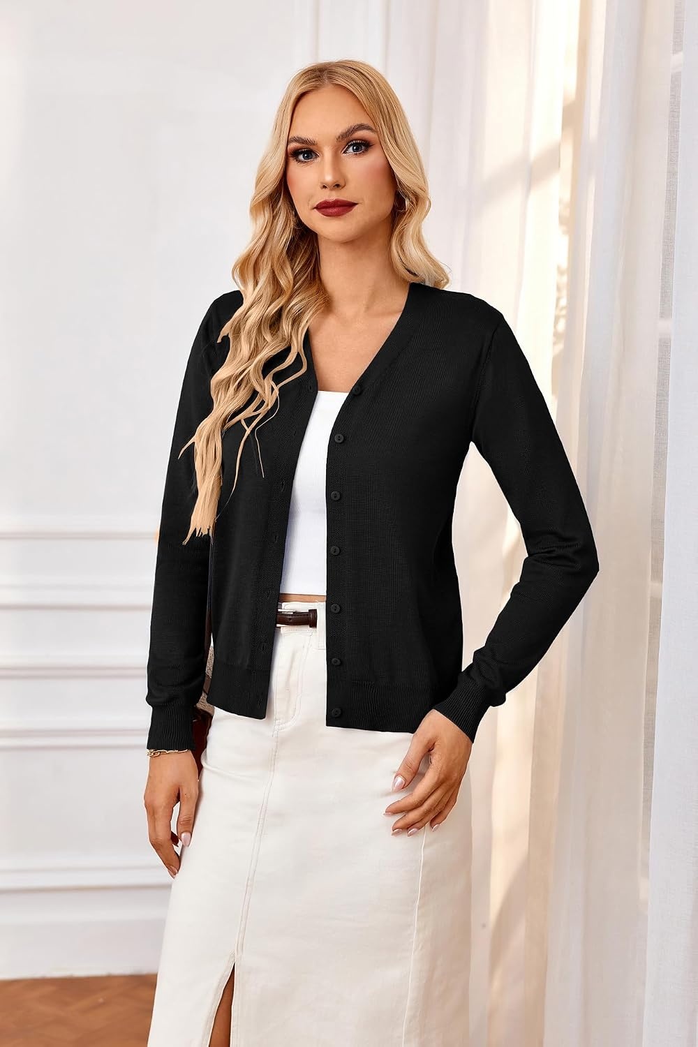 image:imageGRACE KARIN Cardigan Sweater for Women V Neck Lightweight Knit Fall Outfits Button Up Sweaters Long Sleeve Basic Soft Clothes Business Casual Fashion Tops for Work DailyBlack