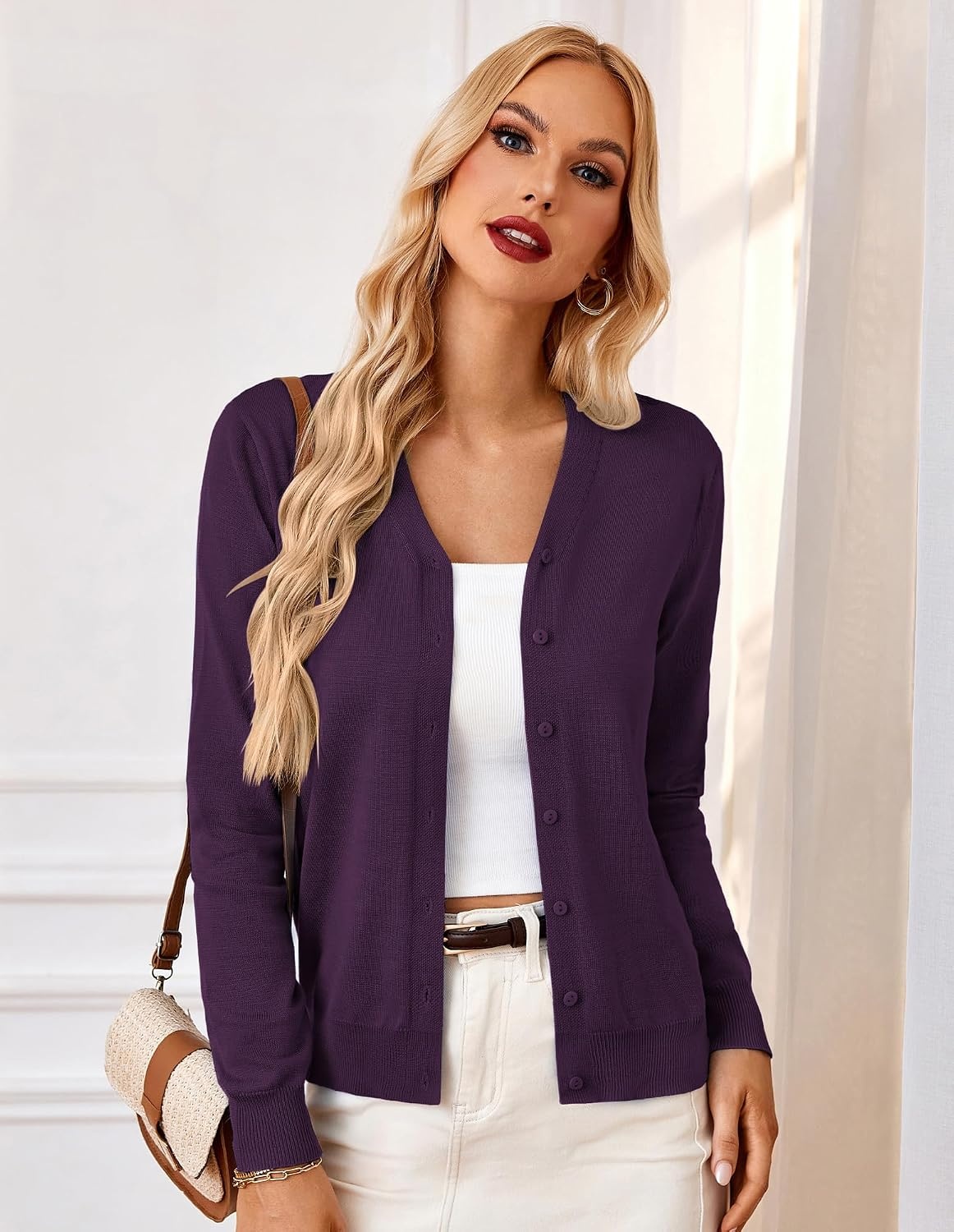 image:imageGRACE KARIN Cardigan Sweater for Women V Neck Lightweight Knit Fall Outfits Button Up Sweaters Long Sleeve Basic Soft Clothes Business Casual Fashion Tops for Work DailyDark Purple