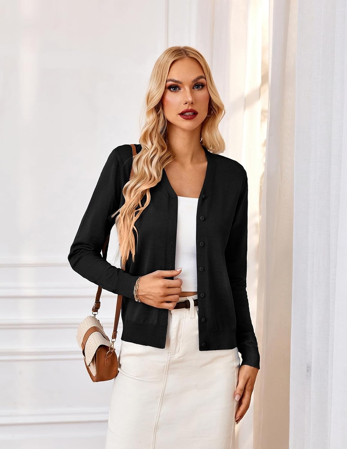 image:imageGRACE KARIN Cardigan Sweater for Women V Neck Lightweight Knit Fall Outfits Button Up Sweaters Long Sleeve Basic Soft Clothes Business Casual Fashion Tops for Work DailyBlack