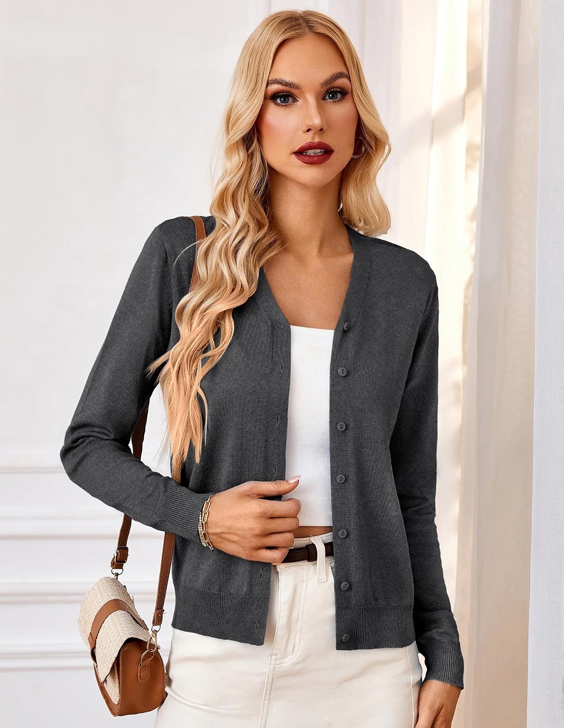 image:imageGRACE KARIN Cardigan Sweater for Women V Neck Lightweight Knit Fall Outfits Button Up Sweaters Long Sleeve Basic Soft Clothes Business Casual Fashion Tops for Work DailyBlack Grey