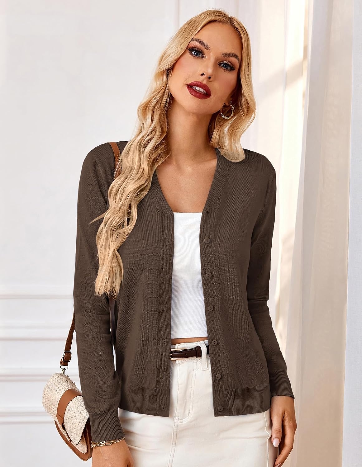 image:imageGRACE KARIN Cardigan Sweater for Women V Neck Lightweight Knit Fall Outfits Button Up Sweaters Long Sleeve Basic Soft Clothes Business Casual Fashion Tops for Work DailyCoffee
