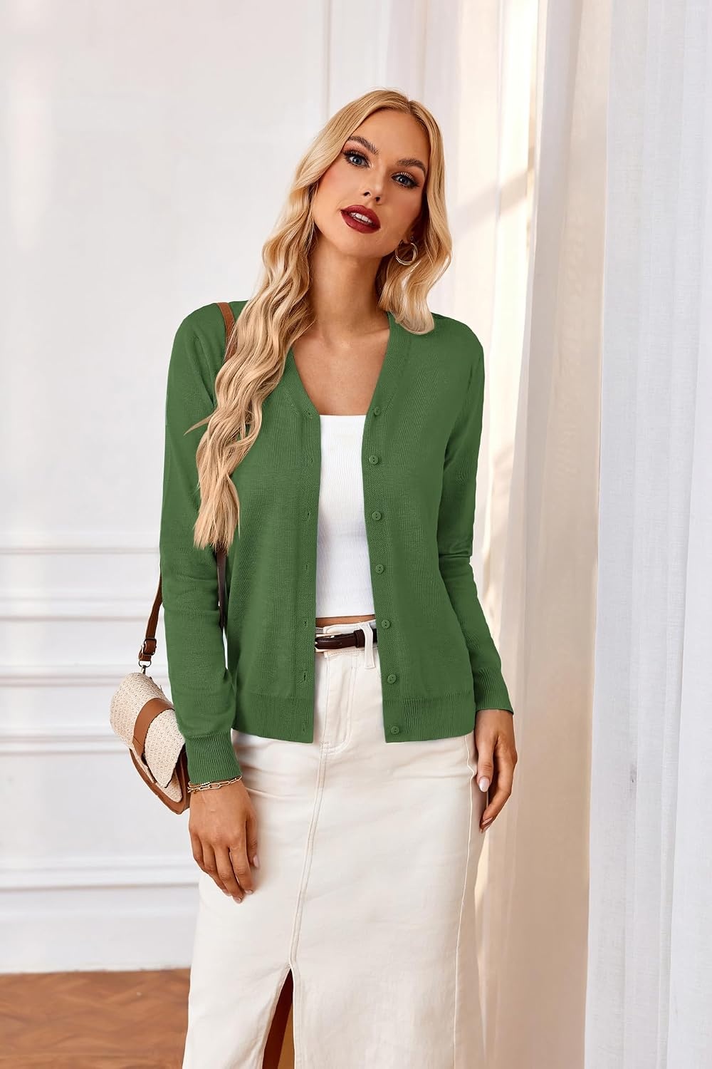 image:imageGRACE KARIN Cardigan Sweater for Women V Neck Lightweight Knit Fall Outfits Button Up Sweaters Long Sleeve Basic Soft Clothes Business Casual Fashion Tops for Work DailyMedium Green