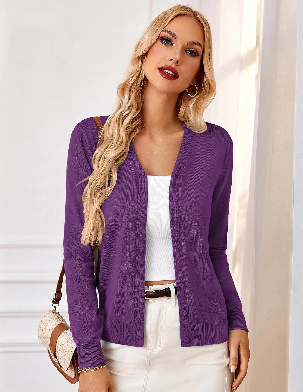 image:imageGRACE KARIN Cardigan Sweater for Women V Neck Lightweight Knit Fall Outfits Button Up Sweaters Long Sleeve Basic Soft Clothes Business Casual Fashion Tops for Work DailyPurple