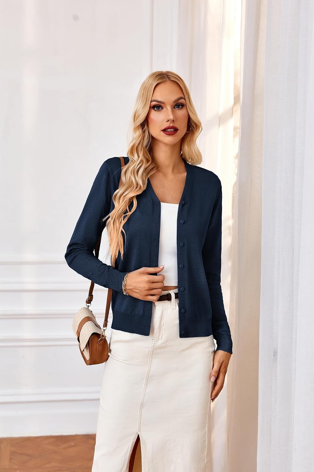 image:imageGRACE KARIN Cardigan Sweater for Women V Neck Lightweight Knit Fall Outfits Button Up Sweaters Long Sleeve Basic Soft Clothes Business Casual Fashion Tops for Work DailyMidnight Blue