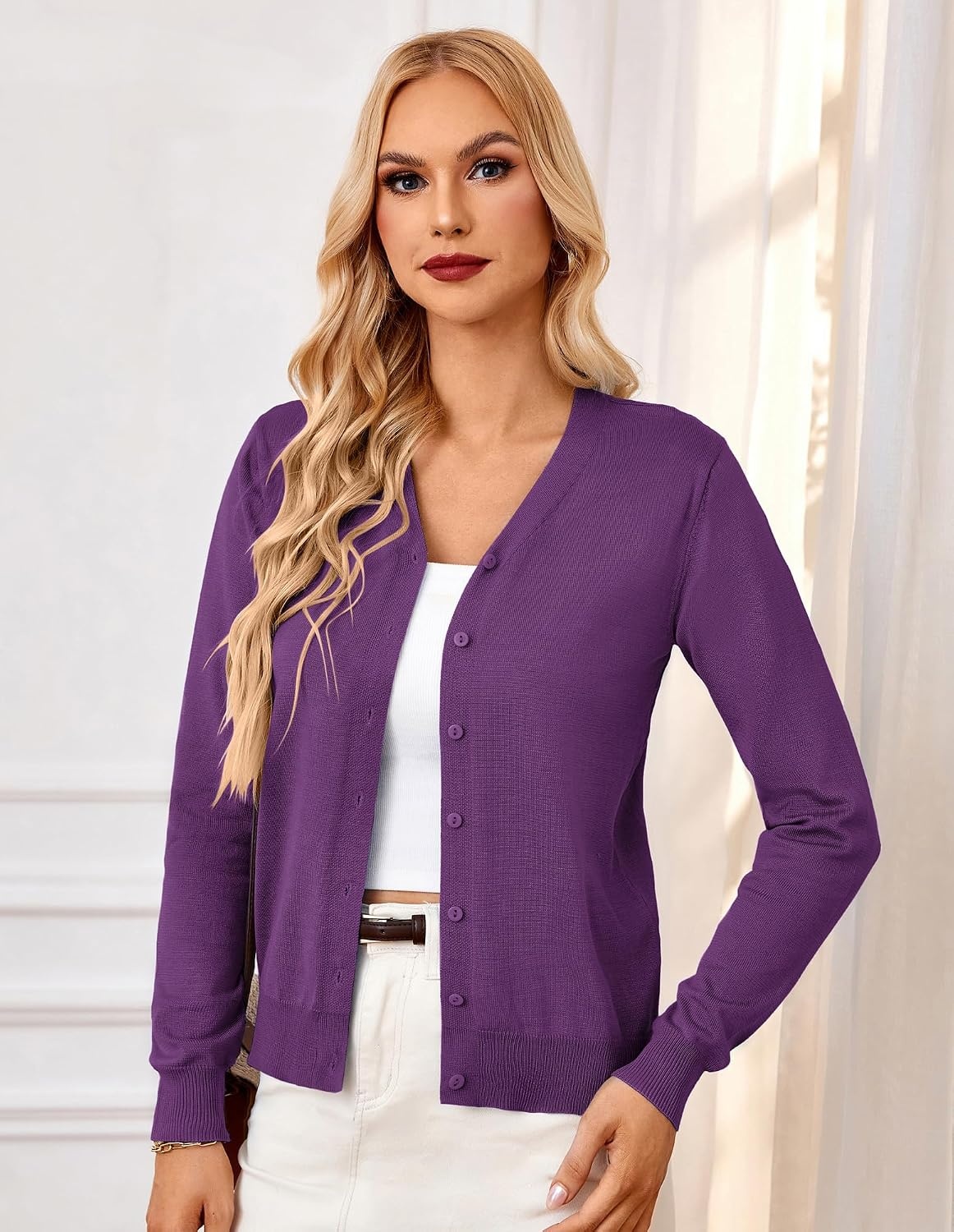 image:imageGRACE KARIN Cardigan Sweater for Women V Neck Lightweight Knit Fall Outfits Button Up Sweaters Long Sleeve Basic Soft Clothes Business Casual Fashion Tops for Work DailyPurple