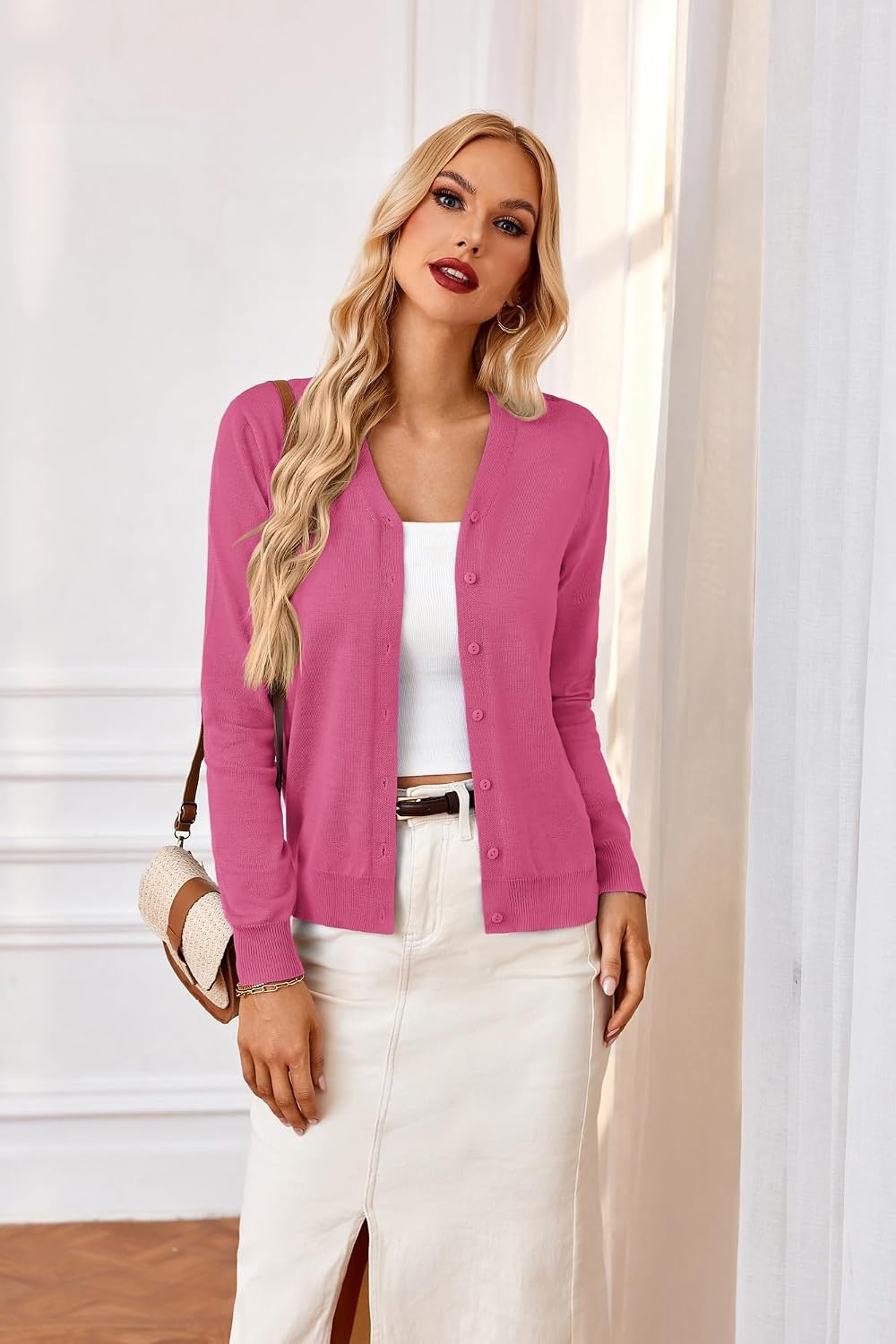 image:imageGRACE KARIN Cardigan Sweater for Women V Neck Lightweight Knit Fall Outfits Button Up Sweaters Long Sleeve Basic Soft Clothes Business Casual Fashion Tops for Work DailyHot Deep Pink