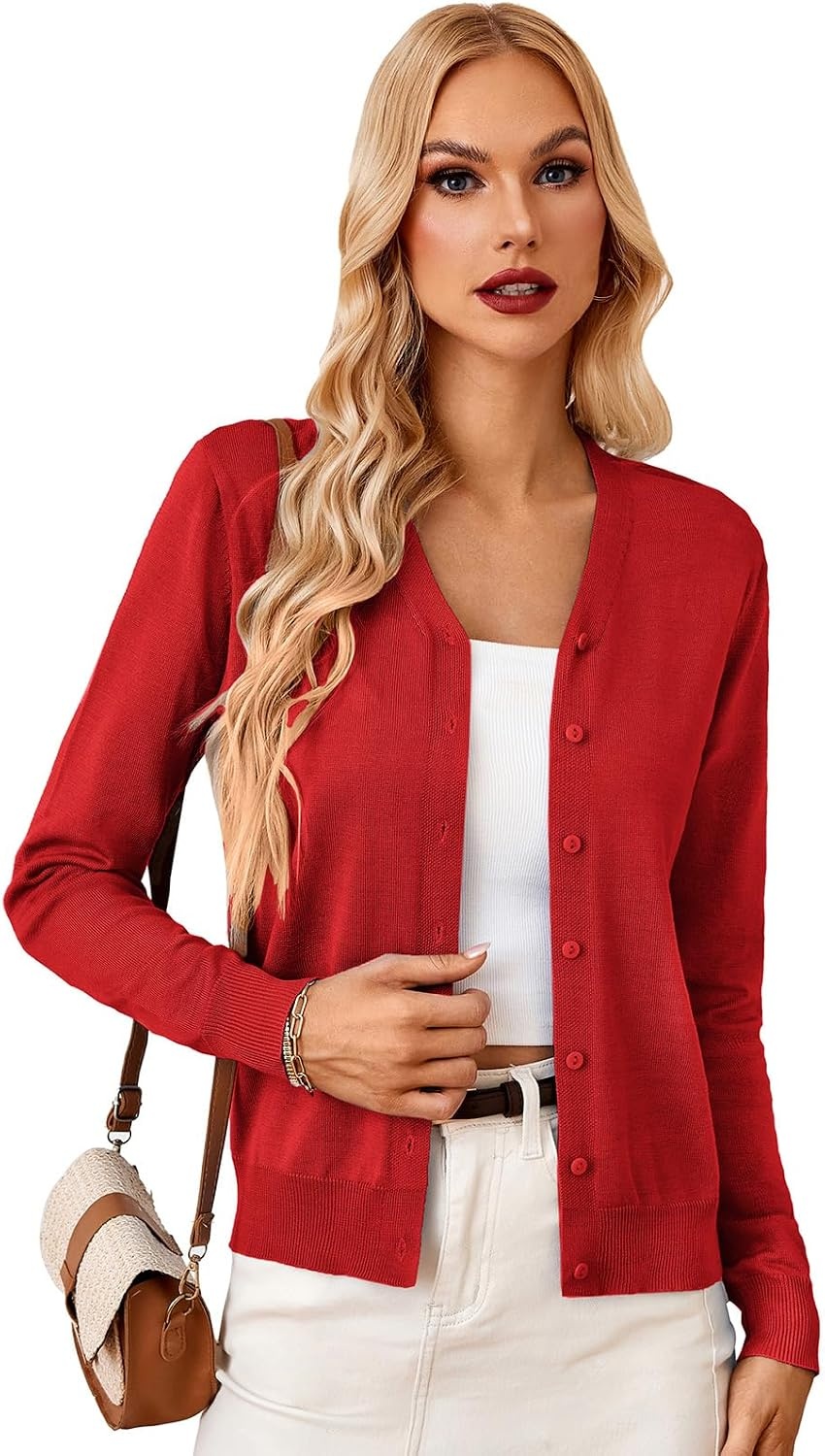 image:imageGRACE KARIN Cardigan Sweater for Women V Neck Lightweight Knit Fall Outfits Button Up Sweaters Long Sleeve Basic Soft Clothes Business Casual Fashion Tops for Work DailyClassic Red