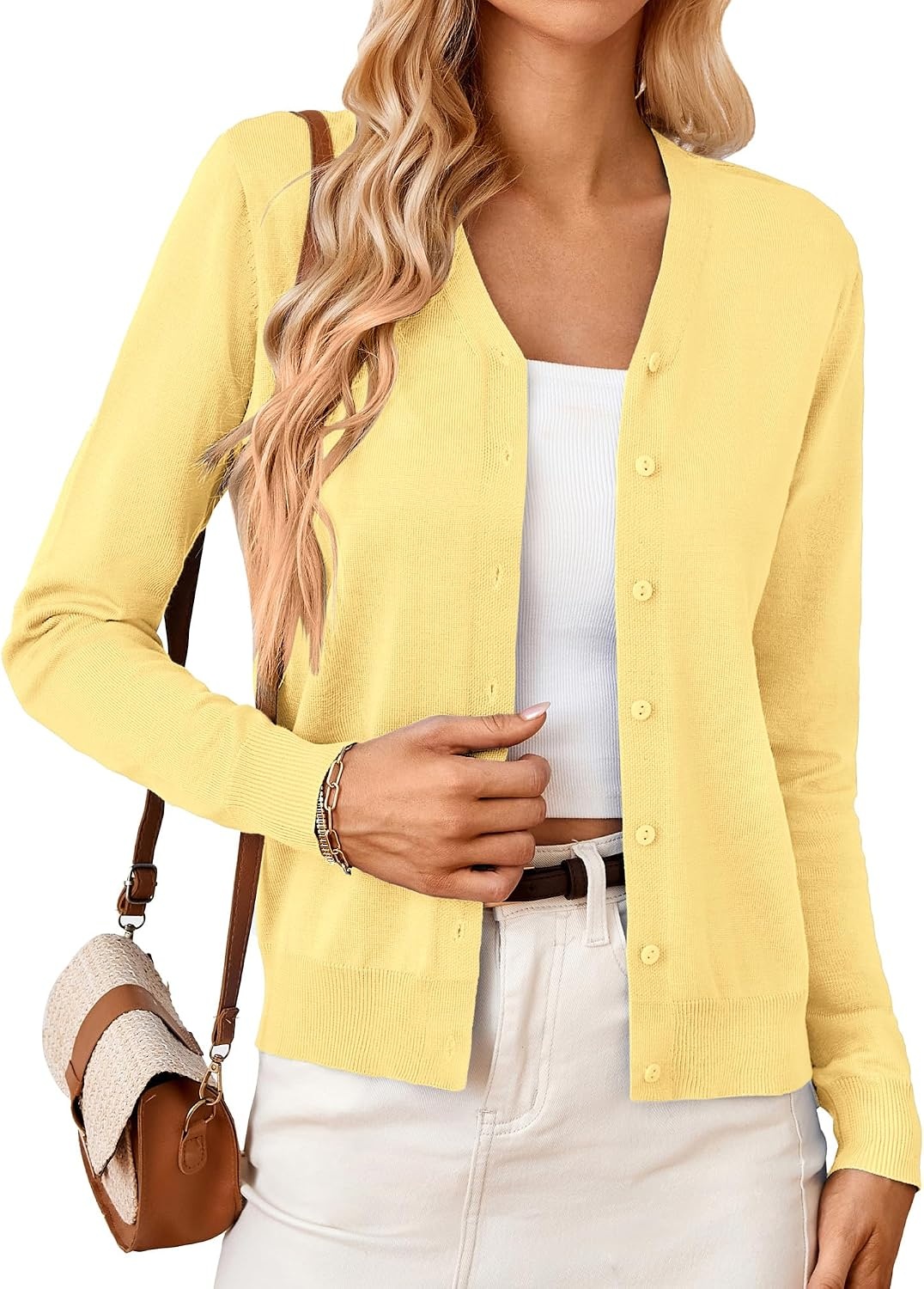 image:imageGRACE KARIN Cardigan Sweater for Women V Neck Lightweight Knit Fall Outfits Button Up Sweaters Long Sleeve Basic Soft Clothes Business Casual Fashion Tops for Work DailyLight Yellow