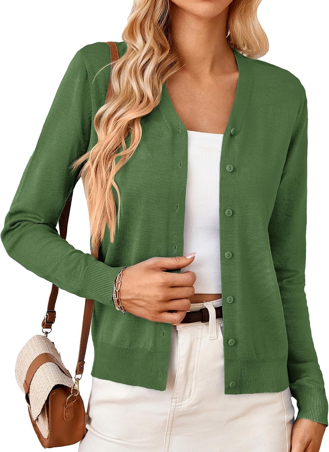 image:imageGRACE KARIN Cardigan Sweater for Women V Neck Lightweight Knit Fall Outfits Button Up Sweaters Long Sleeve Basic Soft Clothes Business Casual Fashion Tops for Work DailyMedium Green