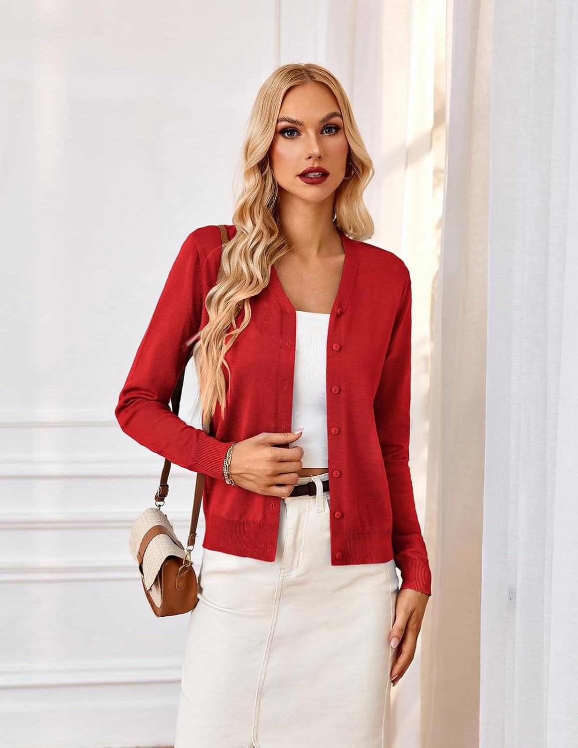 image:imageGRACE KARIN Cardigan Sweater for Women V Neck Lightweight Knit Fall Outfits Button Up Sweaters Long Sleeve Basic Soft Clothes Business Casual Fashion Tops for Work DailyClassic Red