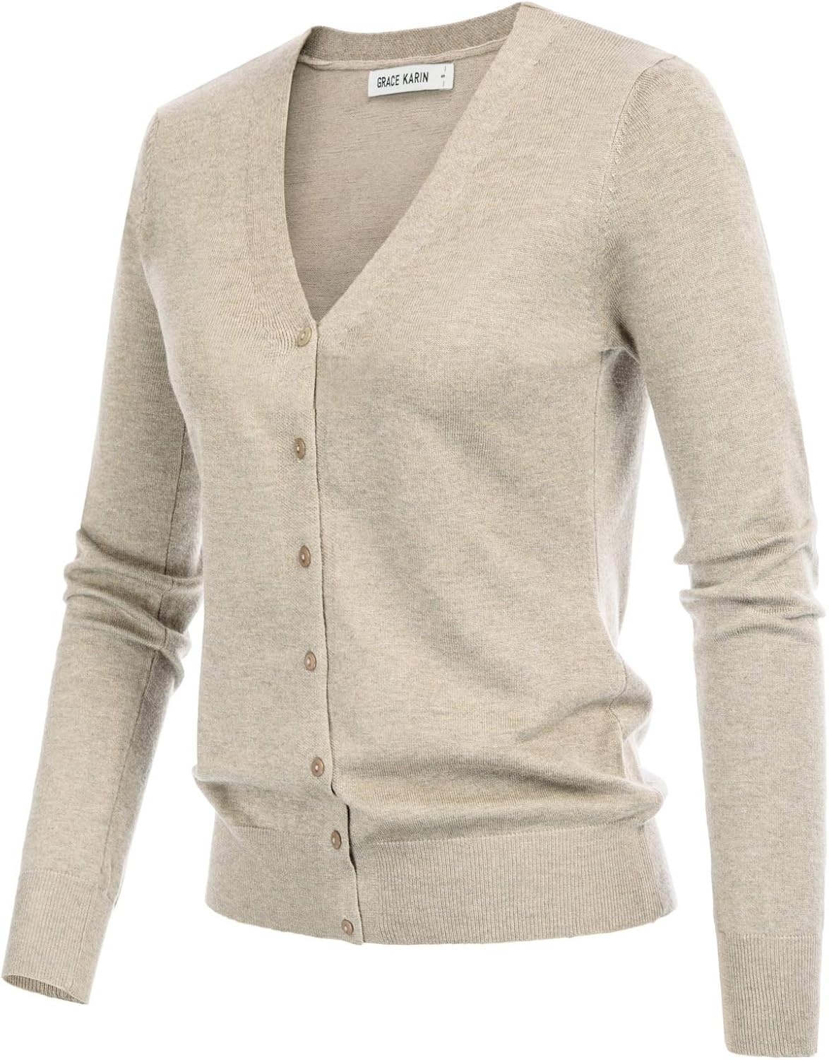 image:imageGRACE KARIN Cardigan Sweater for Women V Neck Lightweight Knit Fall Outfits Button Up Sweaters Long Sleeve Basic Soft Clothes Business Casual Fashion Tops for Work DailyLight Apricot Heather